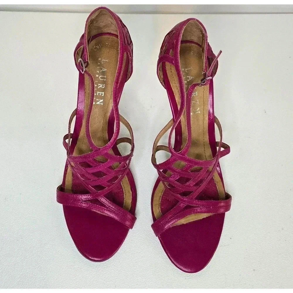 Lauren Ralph Lauren SYDNEY Leather Strappy Spike Heel Sandals HOT PINK Size 6.5 - Picture 4 of 9
